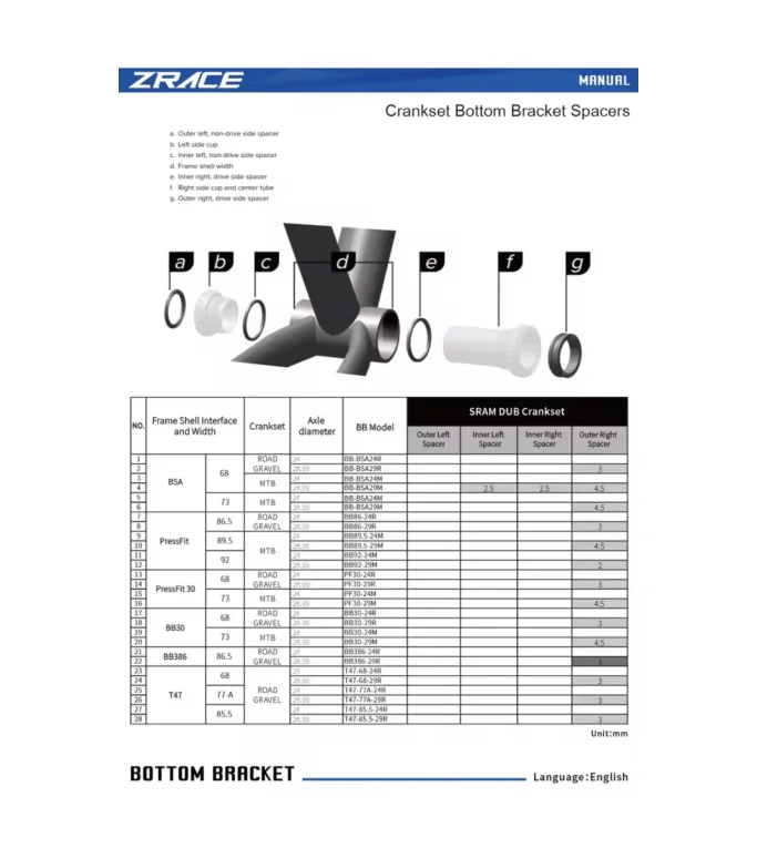 ZRACE Bottom Bracket BSA29R for SRAM DUB