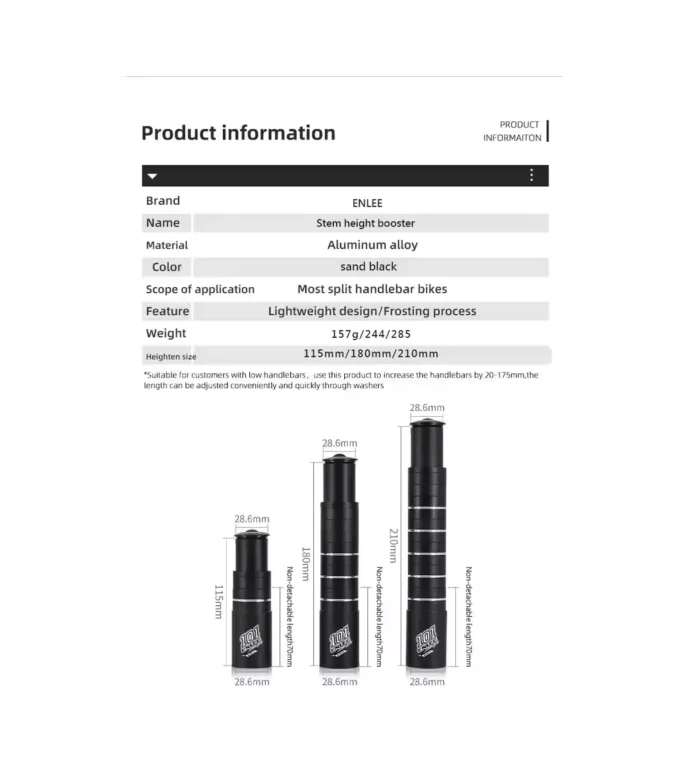 ENLEE Bicycle Fork Stem Height Extender 180mm